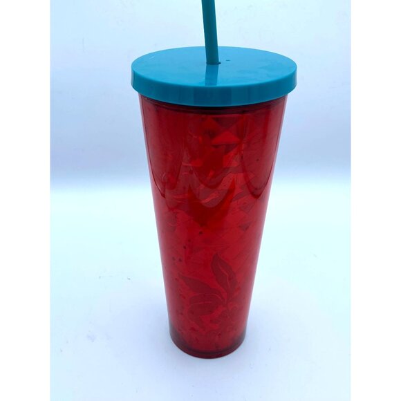 Starbucks Red Flowers Berries Abstract Faceted Cold Cup Tumbler 24 oz with Straw - Picture 6 of 7